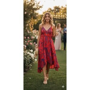 Alexis for Target Red Blue Leaf Print Handkerchief Hem Midi Dress Small NWT